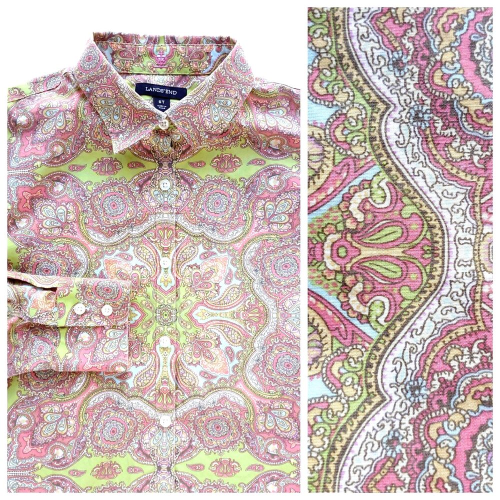 Lands End Paisley Button Up Shirt Sz 6T Long Sleeve Green Pink Retro Groovy